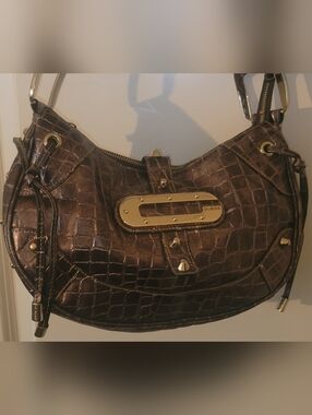 GUESS Brown Croc-Embossed Shoulder Bag with Gold Accents